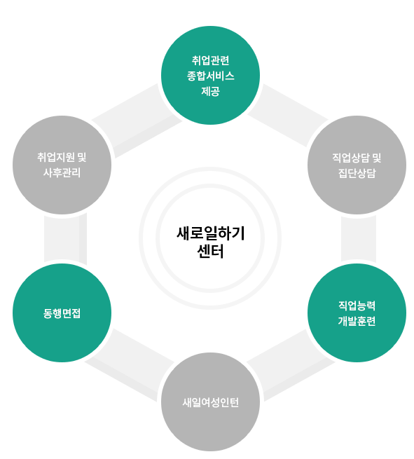 직업상담 및 집단상담, 직업능력개발훈련, 새일여성인턴, 동행면접, 취업지원 및 사후관리 등 취업관련 종합서비스 제공